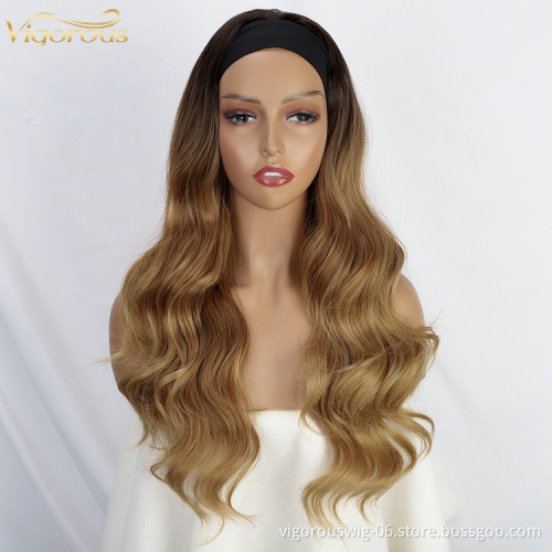 New Fashion Ombre Brown None Replacement Body Wave Heat Resistant Fiber Hair Synthetic Headwraps Hair Wig Headband Wigs
